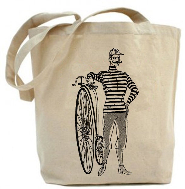 Canvas Tote bag ...Mustache Man riding old vintage bike - eco friendly totes