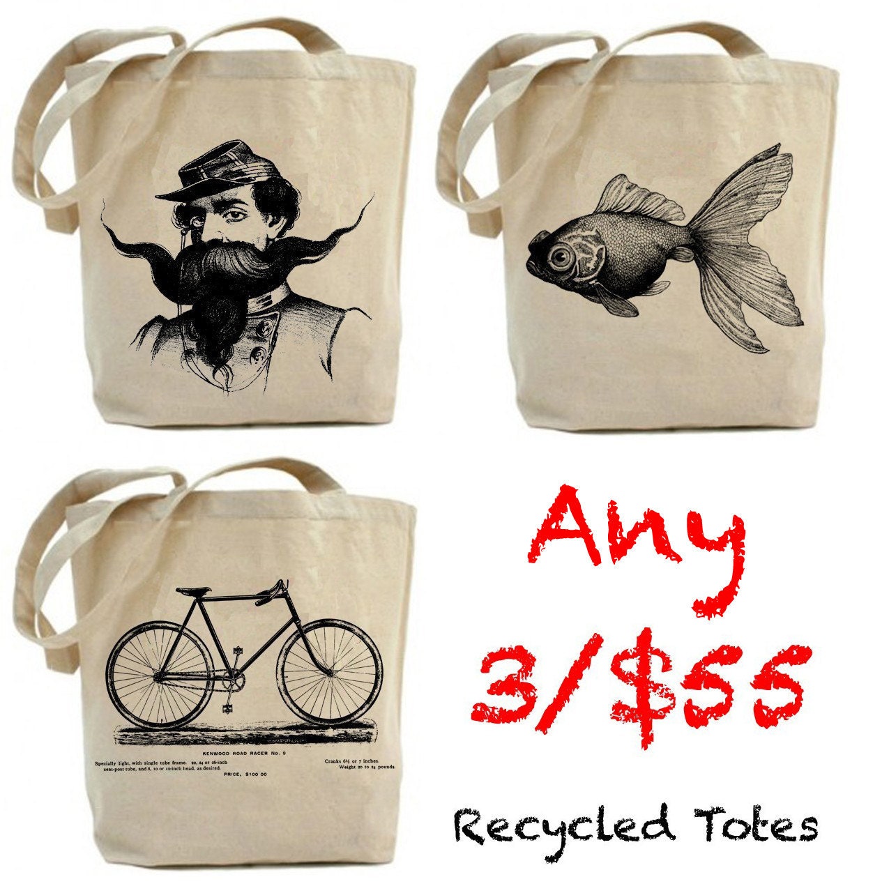 Free shipping in USA...Classic 3  Canvas tote bag  - Recycled Totes...