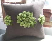 Trio of Hydrangeas Pillow- in Brown Linen and Sage Green Felt