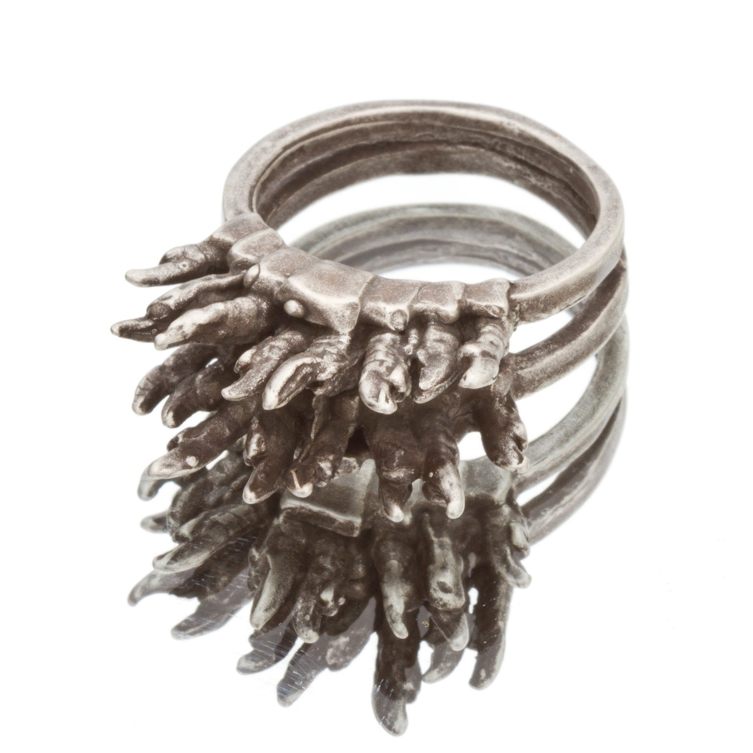 Double Asymmetrical Stack Ring - Bird Toe Cascade in ANTIQUE SILVER