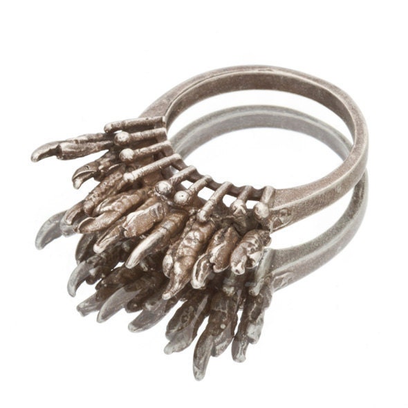SINGLE Asymmetrical Stack Ring - Bird Toe Cascade in ANTIQUE SILVER