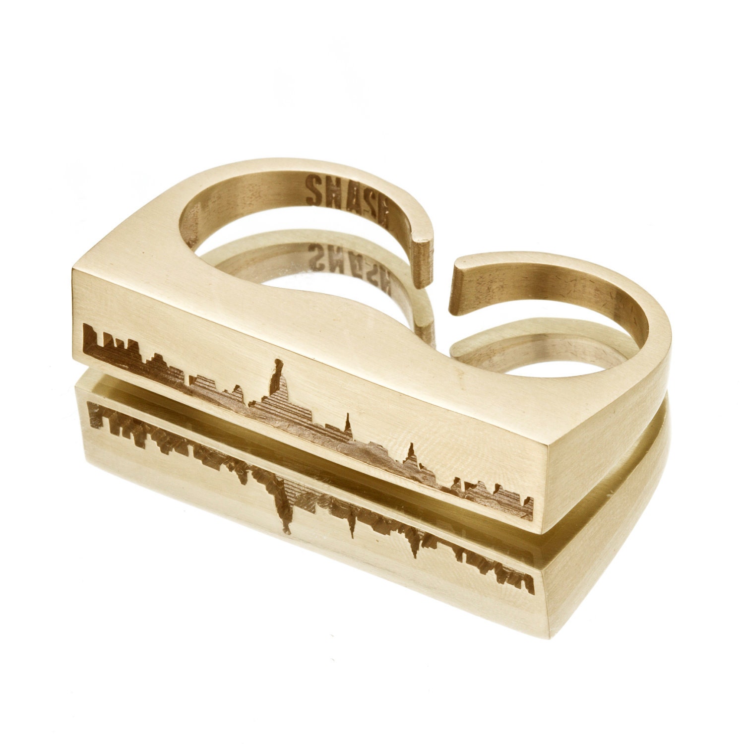New York City SKYLINE OUTLINE Ring - Yellow Brass NYC Unisex Double Finger Duster Knuckles