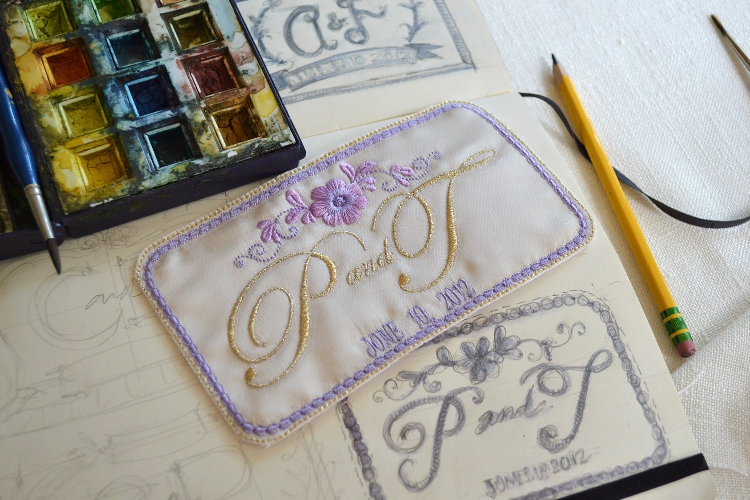 Custom Embroidered Wedding Dress Label French Silk Satin and Lavender with Gold Thread