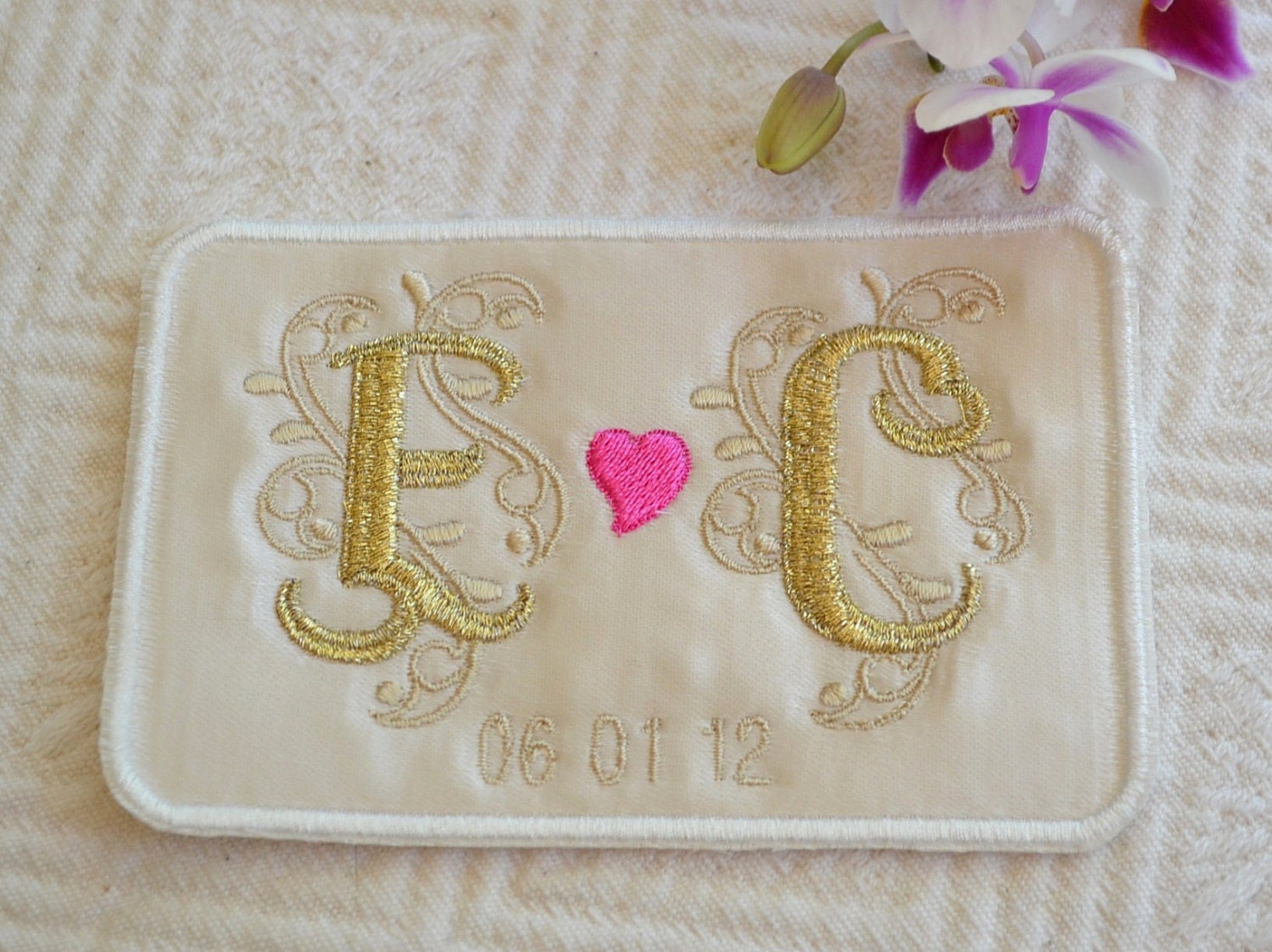 Custom Embroidered Wedding Dress Label French Silk Satin and Gold Thread