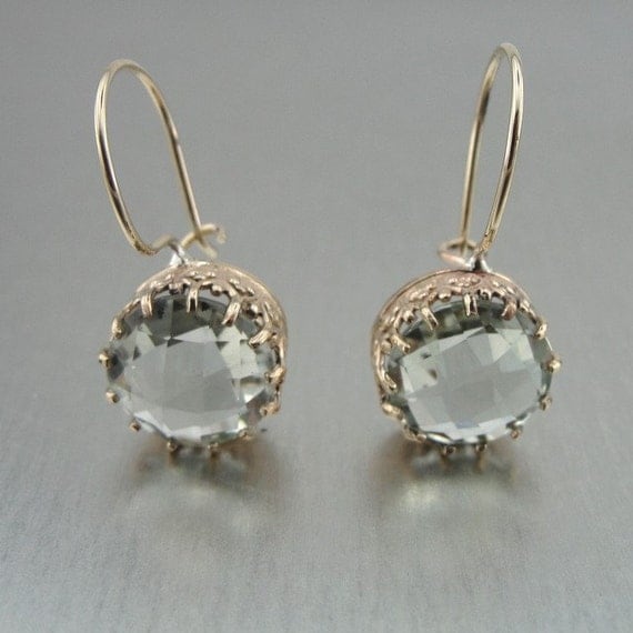 Gold Earrings Green Amethyst Dangle Hadas1951 Handmade (ie373)