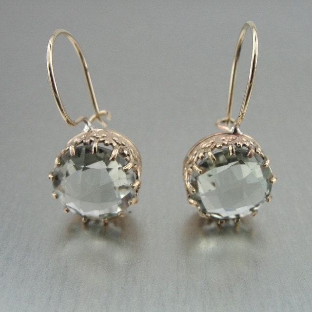 Gold Earrings Green Amethyst Dangle Hadas1951 Handmade (ie373)