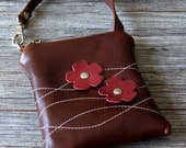 Leather iPhone or Gadget Case Wristlet - Deep Red Floral on Distressed Redwood