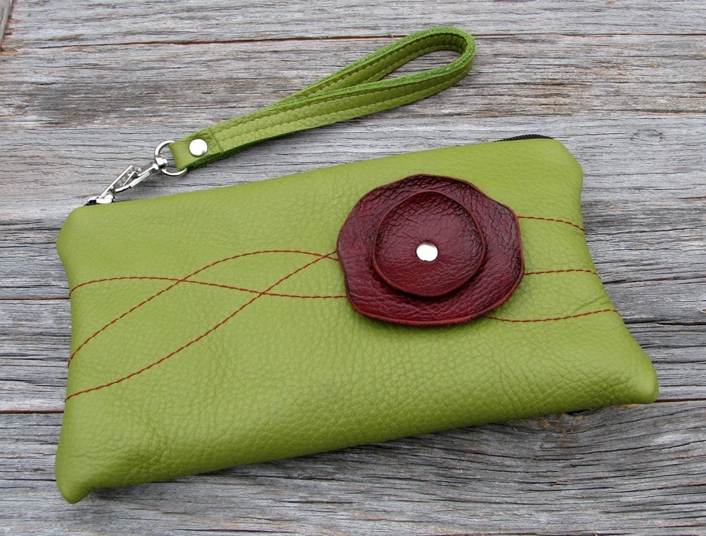 Leather Wristlet Wallet with detachable strap - Burgundy Poppy on Green Grass