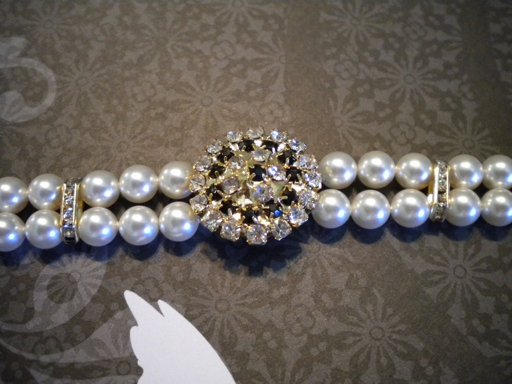 Pearl bracelet, cuff, bridal bracelet, Gold Rhinestone Bracelet, Gina