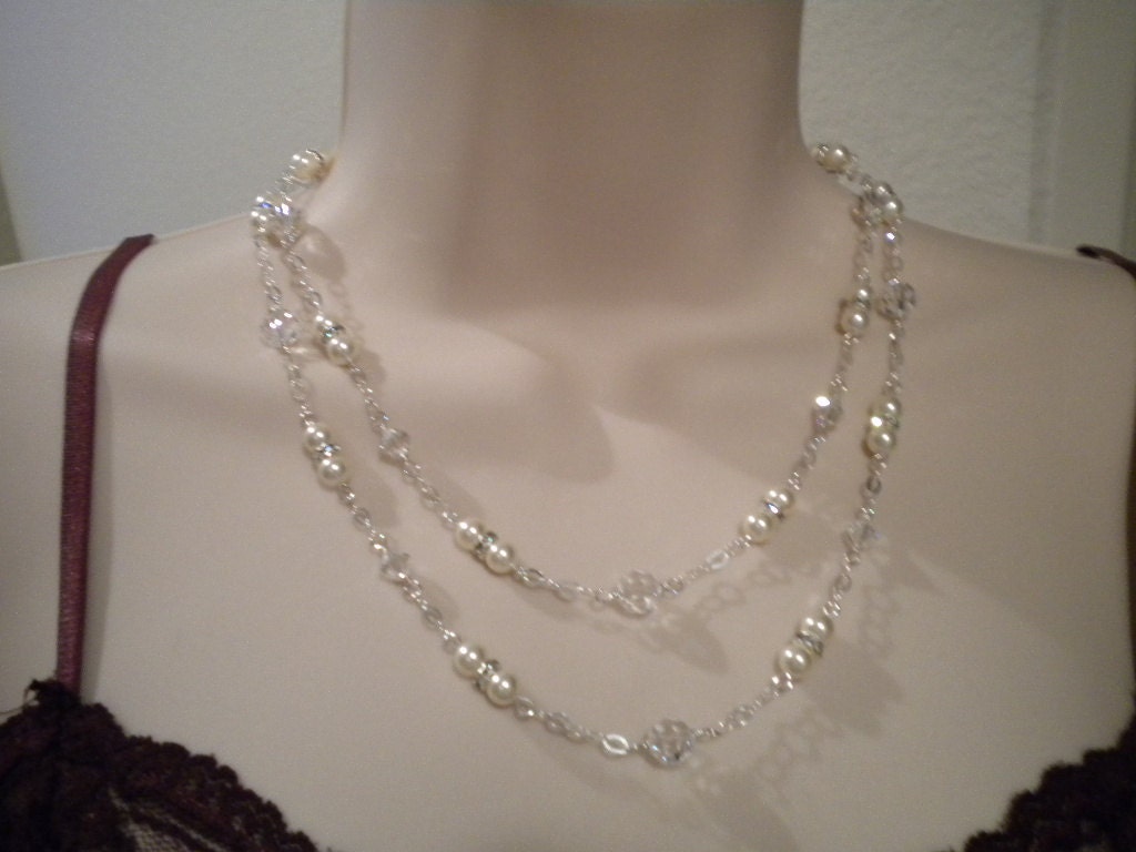 Bridal Pearl Necklace Jewelry Crystal necklace Pearl necklace Double Strand Bridal Necklace  Sterling silver, Rhinestone Bridal Necklace