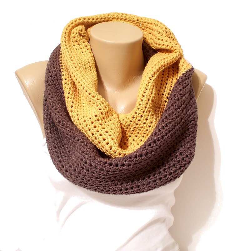 The Colorblock Cowl in Taupe and Mustard Cotton Blend Crochet Neckwarmer