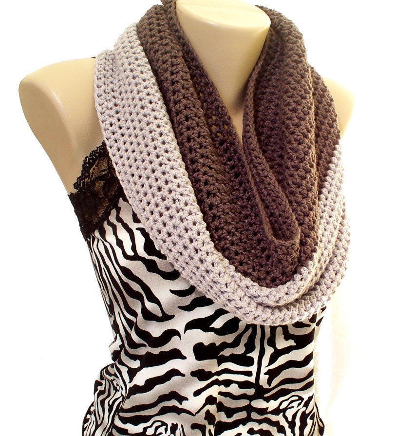 The Colorblock Cowl in Pale Gray and Taupe Cotton Blend Crochet Neckwarmer