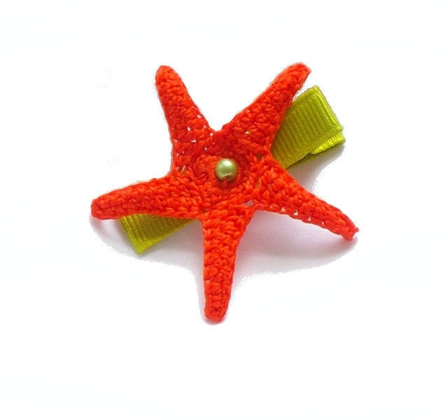 Crochet Starfish Hair Clip in Tangerine and Lime Neon
