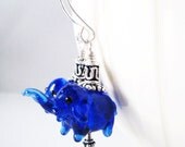 Cobalt blue lampwork elephant earrings in sterling silver