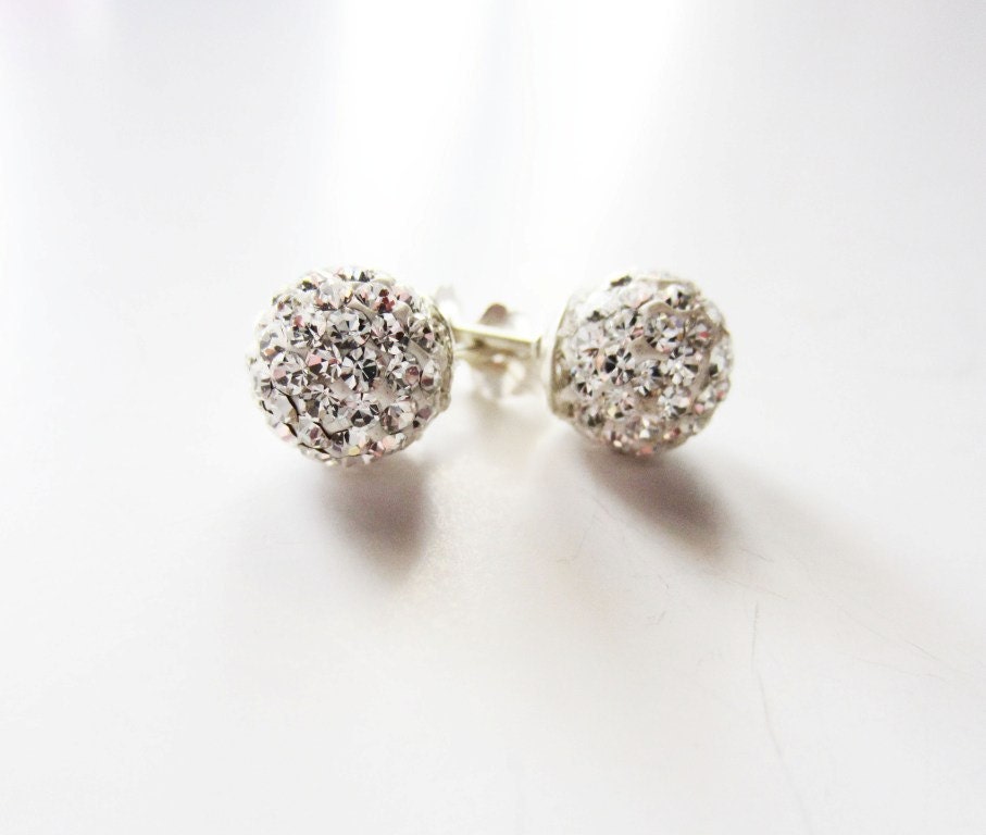Clear crystal glitter ball disco stud post earrings in silver