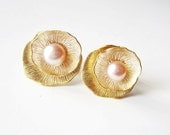 Lotus leaf and nestled pearl earrings gold and ballet pink.  Stud post style.