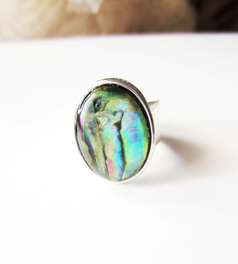Natural paua shell and silver ring. Wide band.  Abalone beach style,