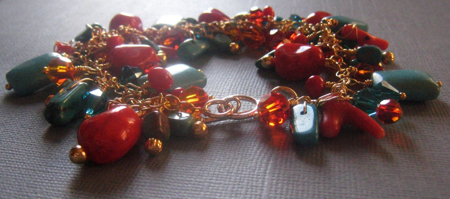 Chunky turquoise bracelet.  Coral gold bracelet.  Gold and crystal charm bracelet.