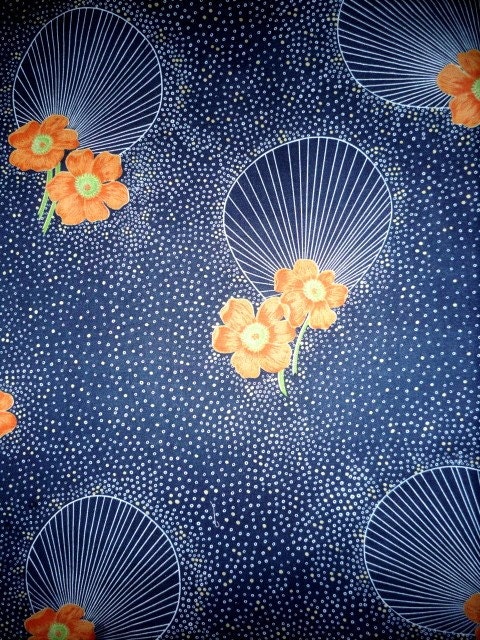 Vtg Blue Fan Print Cotton Fabric Lovely Half Yard