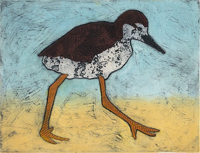 Baby Stilt Original Hand Pulled Collograph Print - Stepping Out at the Beach 1