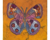 Purple and Blue Butterfly 7 - Original Hand-Colored Collograph, insect, gold, yellow ochre