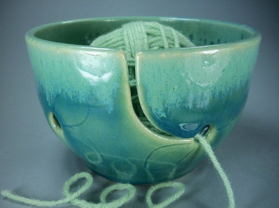 Yarn Bowl, Handmade Stoneware Pottery in Green and Chartreuse, featured in KNITTING TODAY MAGAZINE, Special Order
