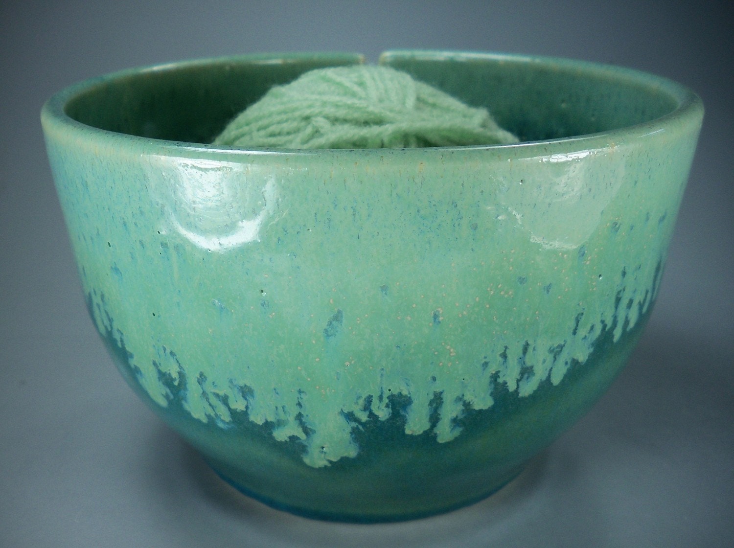 Yarn Bowl, Handmade Stoneware Pottery in Green and Chartreuse, featured in KNITTING TODAY MAGAZINE, Special Order