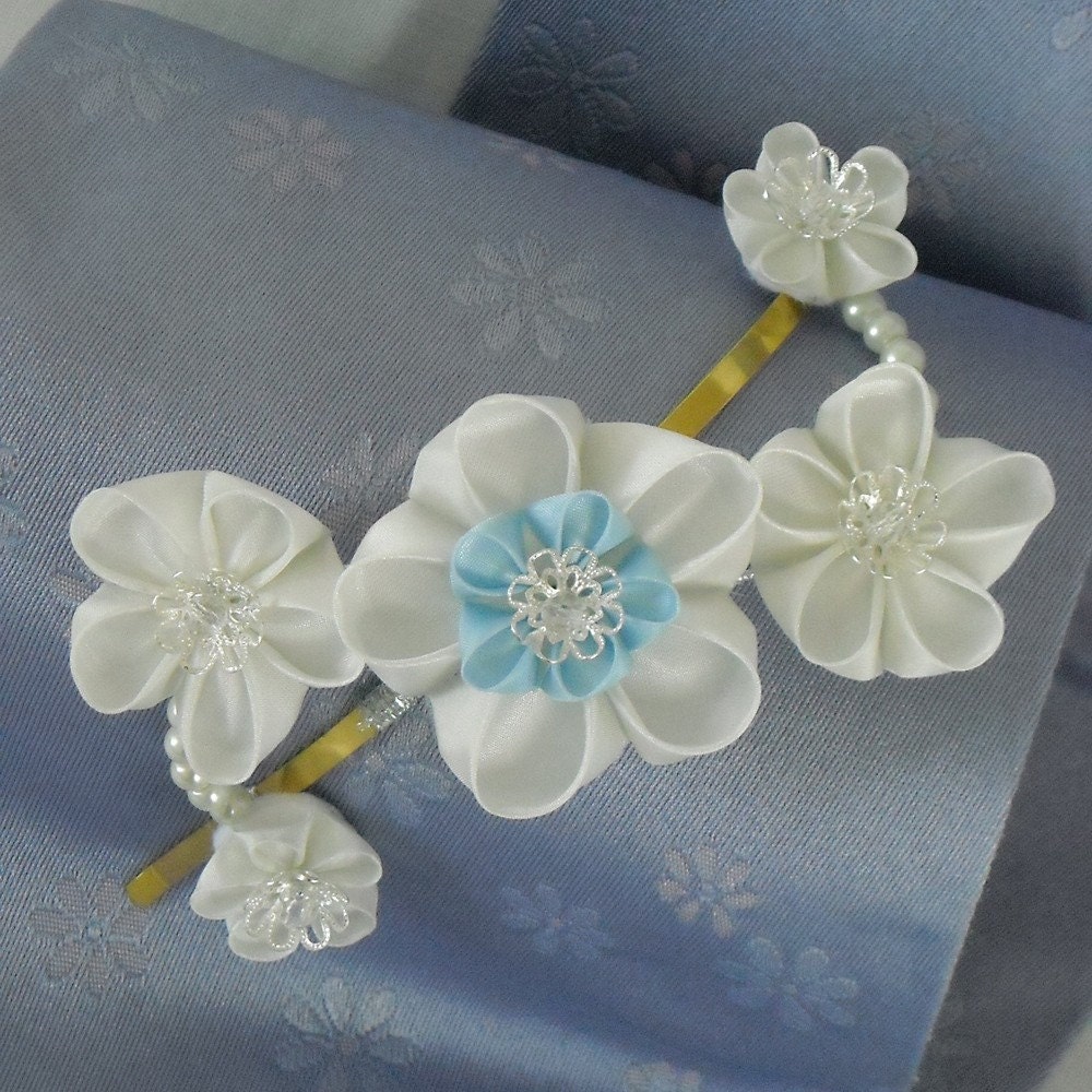 Blue and White Bridal Kanzashi Kanzashi Hairband, Wedding Hair Accessory