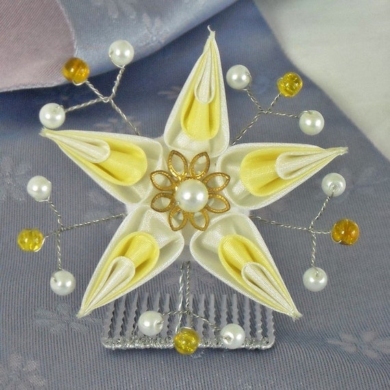 White and Yellow Wedding Kanzashi, Bridal Hair accessory, Wedding Hair Flower