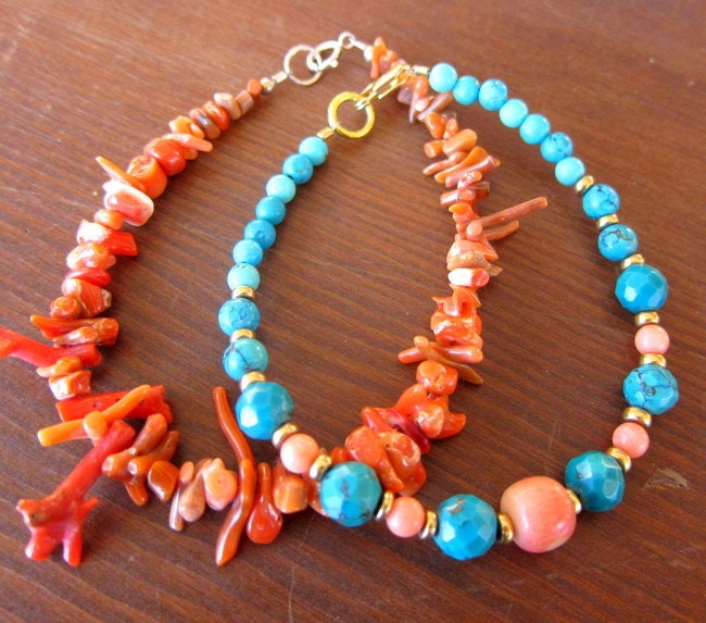 Turquoise and Coral Bracelets - Set of 2 All Natural Stones