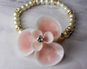 Pearl and Pink Seashell Bracelet - Pink Crystal Seaflower Seashell Pearl Wrist Corsage Bracelet