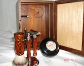 Shaving Kit Set, Custom Crafted Walnut with Maple Insert Lid, Lift Out Felt Lined Tray, Double Edged Razor, Silvertip Badger Fan Brush, Chrome Stand Holder, Coordinated Exotic Kingwoods, and Personalized Engraving