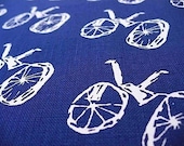 SALE screen printed fabric printed white on navy blue BIKE design