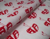 SALE screen printed fabric red on white linen Butterfly design