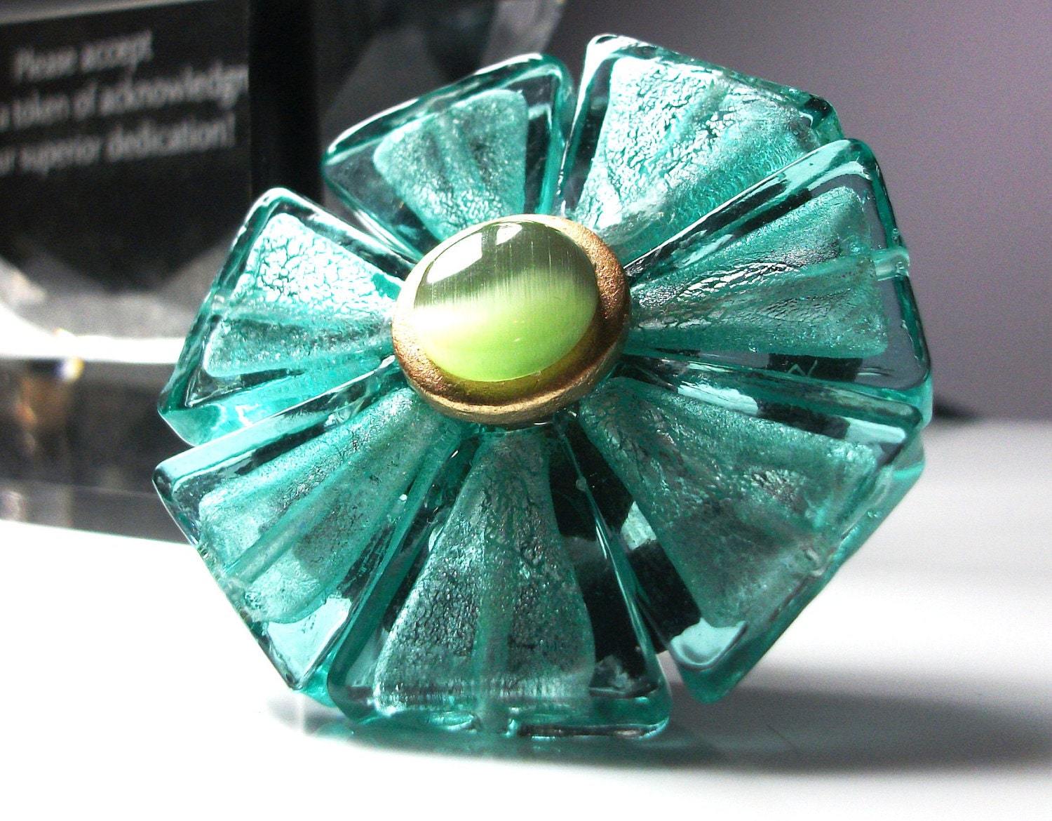 Turquoise Ring, Large Flower, Lime Bud, 2"