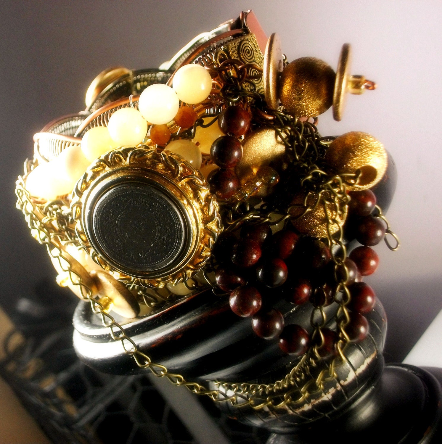 Cuff Bracelet, Cream Beads, Gold Stardust, Copper Chains