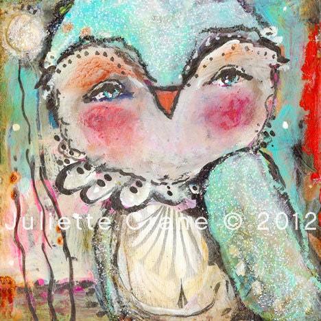 Whimsical Owl Art - 8x8 inch Print of a Reproduction of the Original Mixed Media Painting Let Your Sparkle Shine by Juliette Crane