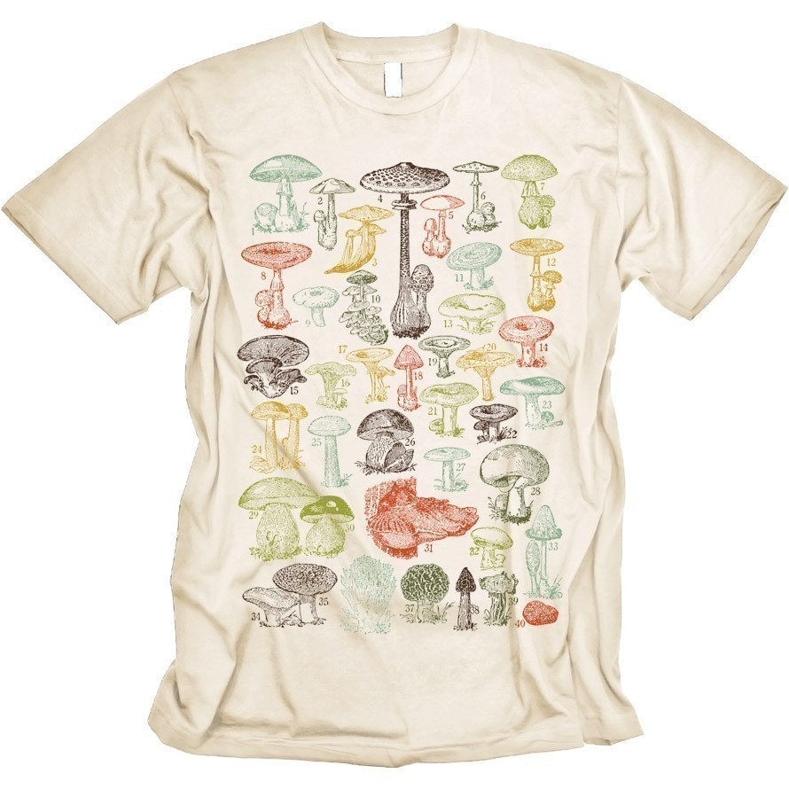 ON SALE Mushrooms Tee Vintage Science Tshirt MENS Creme
