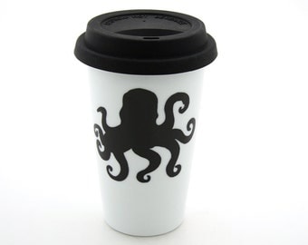 Octopus Travel Mug Double Walled Porcelain with Lid Kiln Fired Can Be Personalized