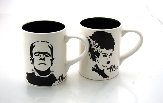 Mr and Mrs Mug Set Frankenstein and Bride Black/White Funny Wedding Gift
