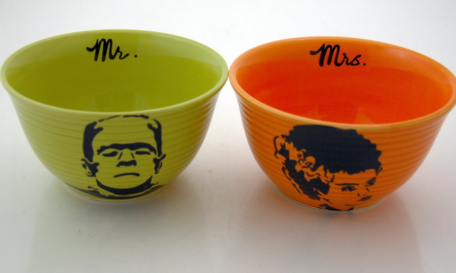 Mr and Mrs Wedding Gift Frankenstein Monster and Bride of Frankenstein bowls