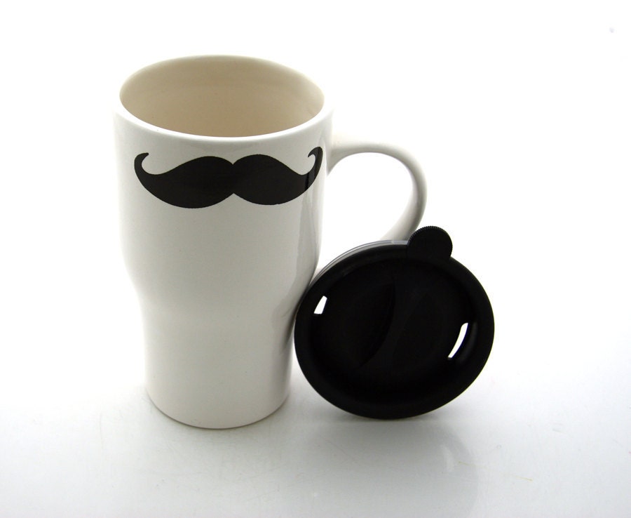 Mustache Moustache Travel Mug with handle Kiln Fired Double Sided