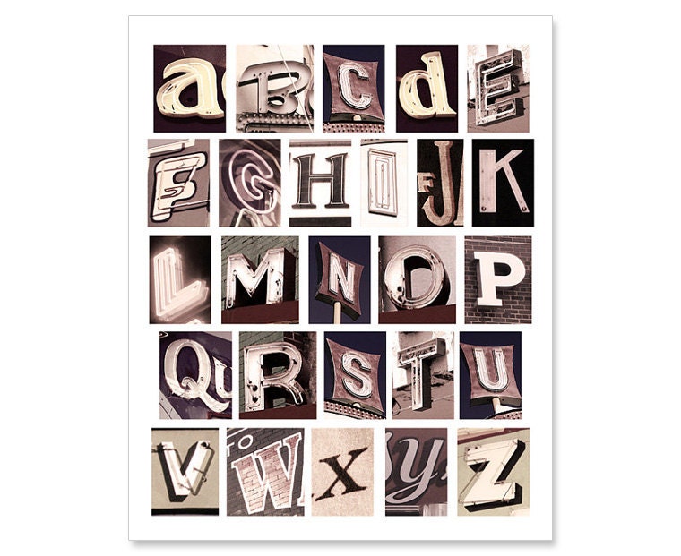 Retro Alphabet Photograph / 8x10 print / Mid Century Modern / kid's room decor / nursery art / letters print / black and white / neon lights