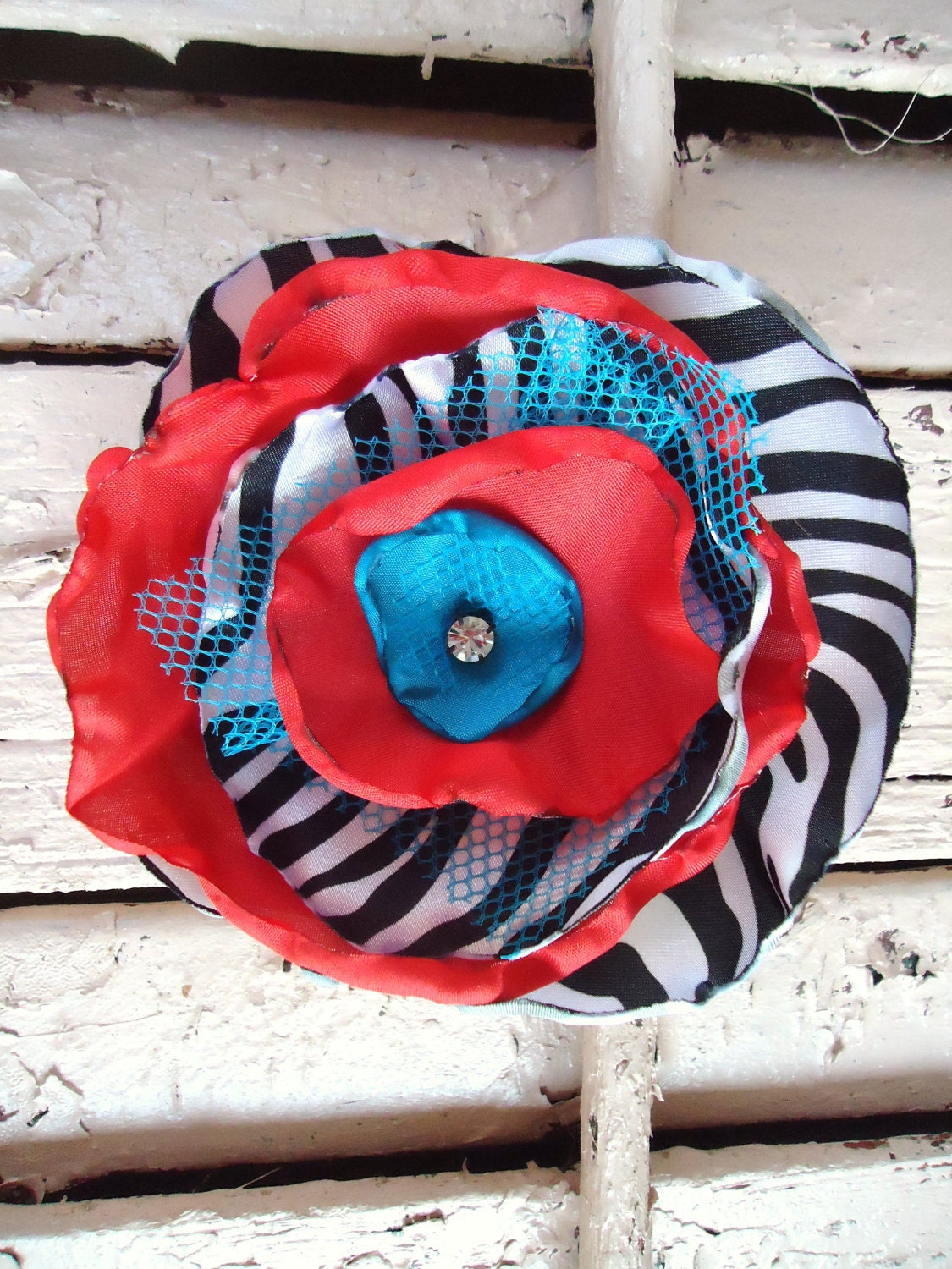 Zebra Print , Red Silk, Turquoise Silk, Tulle and Vintage Rhinestone Hair Candy