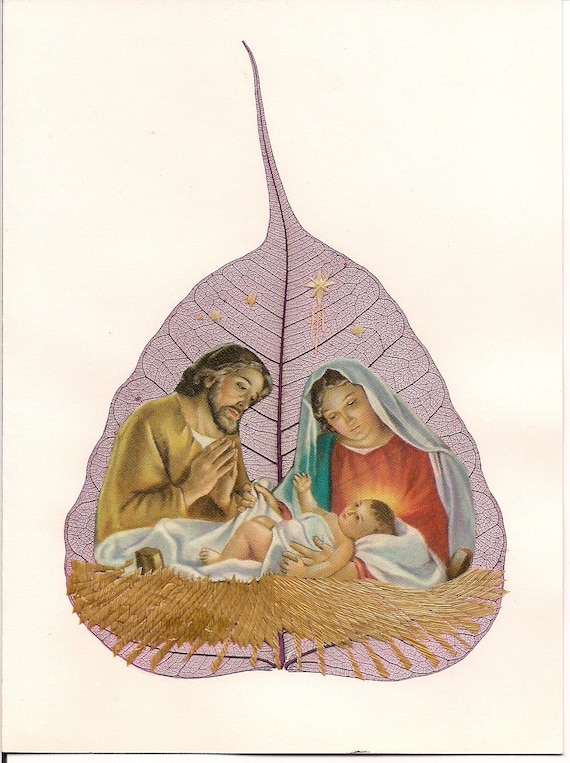 Christmas Nativity Scene on a real leaf.   Handmade Ancient Leaf art collectible  Signed art. Gifts under 10. CHRISTMAS gift