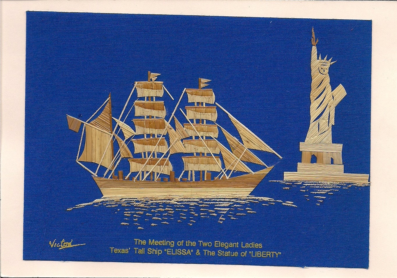 MADE in AMERICA Sailing Ship Handmade with rice straw on a real leaf. Very UNIQUE ancient leaf art
