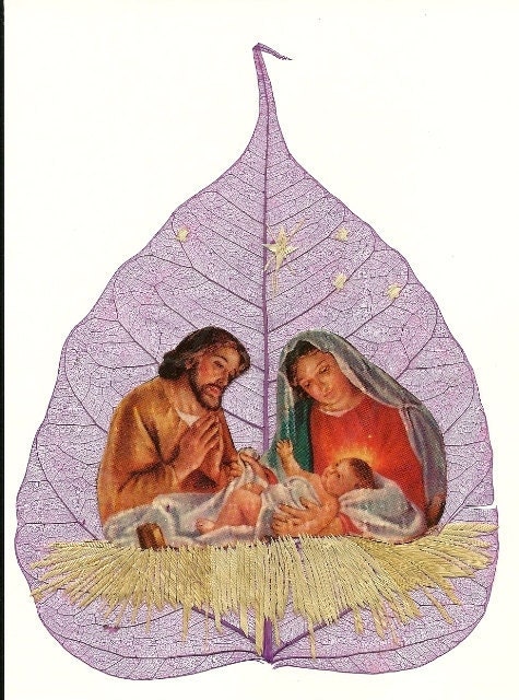 Christmas Nativity Scene on a real leaf.   Handmade Ancient Leaf art collectible  Signed art. Gifts under 10. CHRISTMAS gift