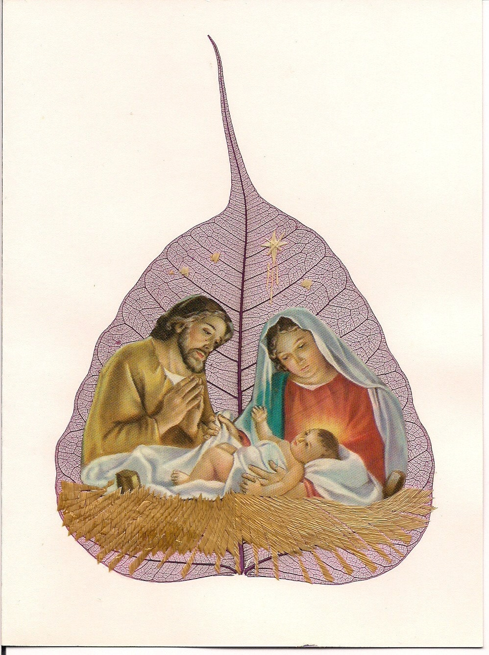 Christmas Nativity Scene on a real leaf.   Handmade Ancient Leaf art collectible  Signed art. Gifts under 10. CHRISTMAS gift