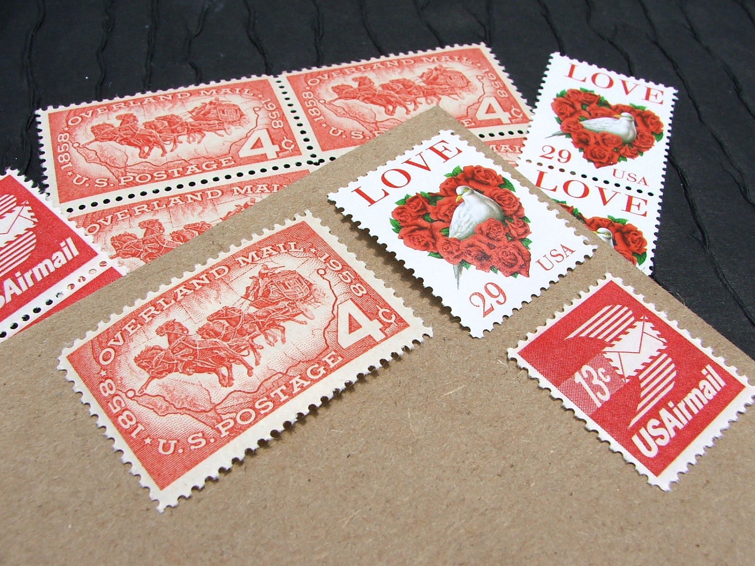 Express LOVE .. Red .. Vintage UNused Postage Stamps .. to post 5 letters