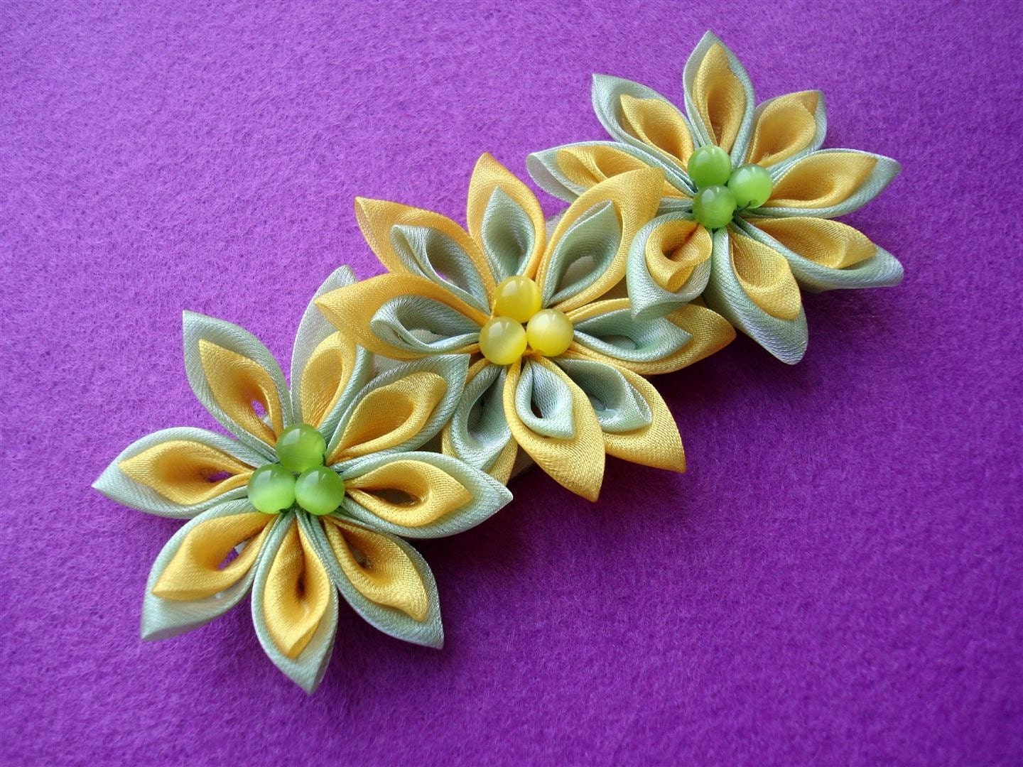 Yellow and Green Kanzashi Barrette Floral Hair Barrette Kanzashi Flowers Barrette Organza Flowers Fabric Flowers